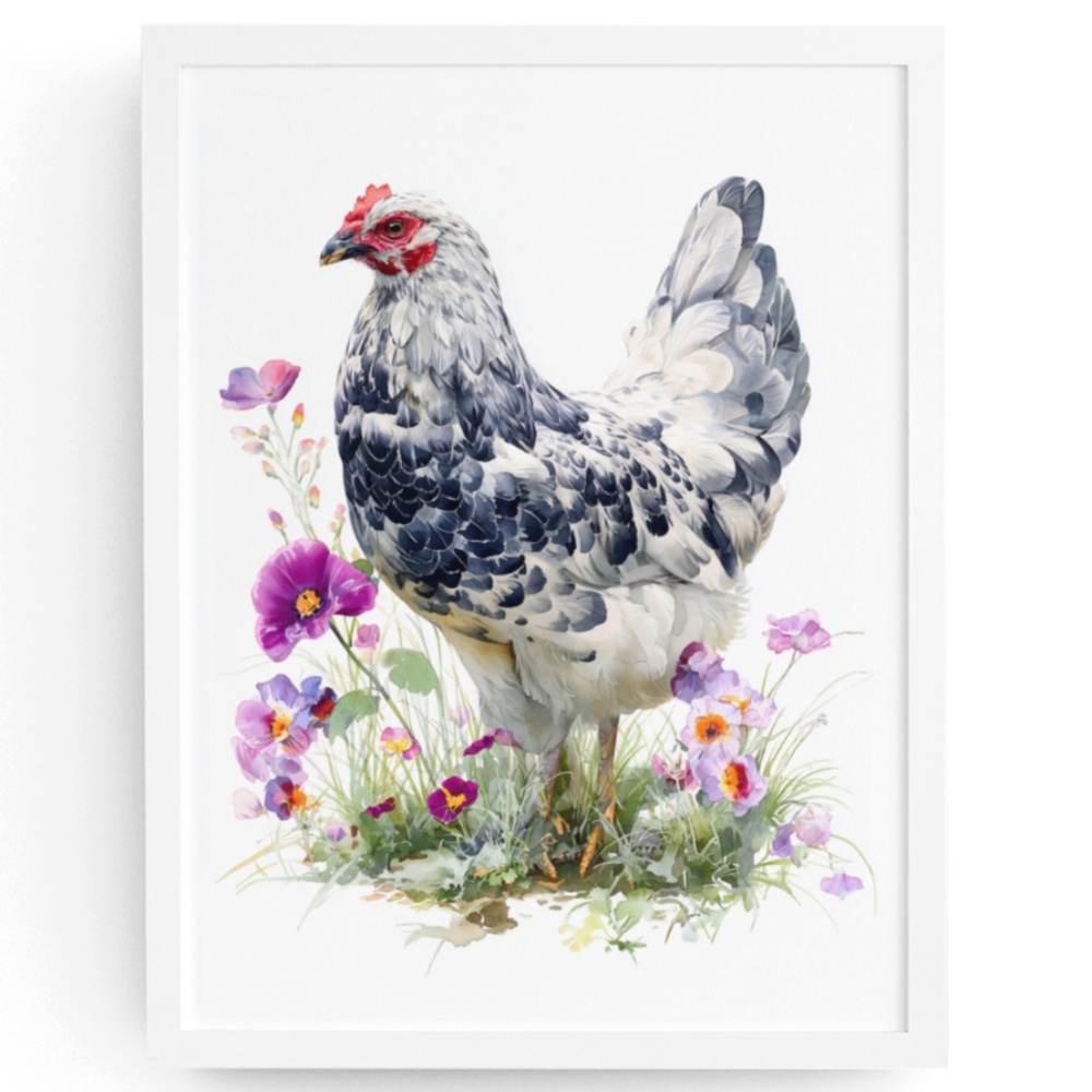Watercolor Speckled Hen with Flowers Portrait Wall Art Print Poster, Unframed